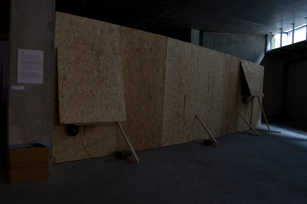  Aoife Desmond and Seoidín O’Sullivan: Trespass Hoarding Films (Hoarding Walk, Crawl, Stalker reenactment and Fire), 2007 – 2010, four-channel video and sculptural installation; courtesy the artists / Tulca